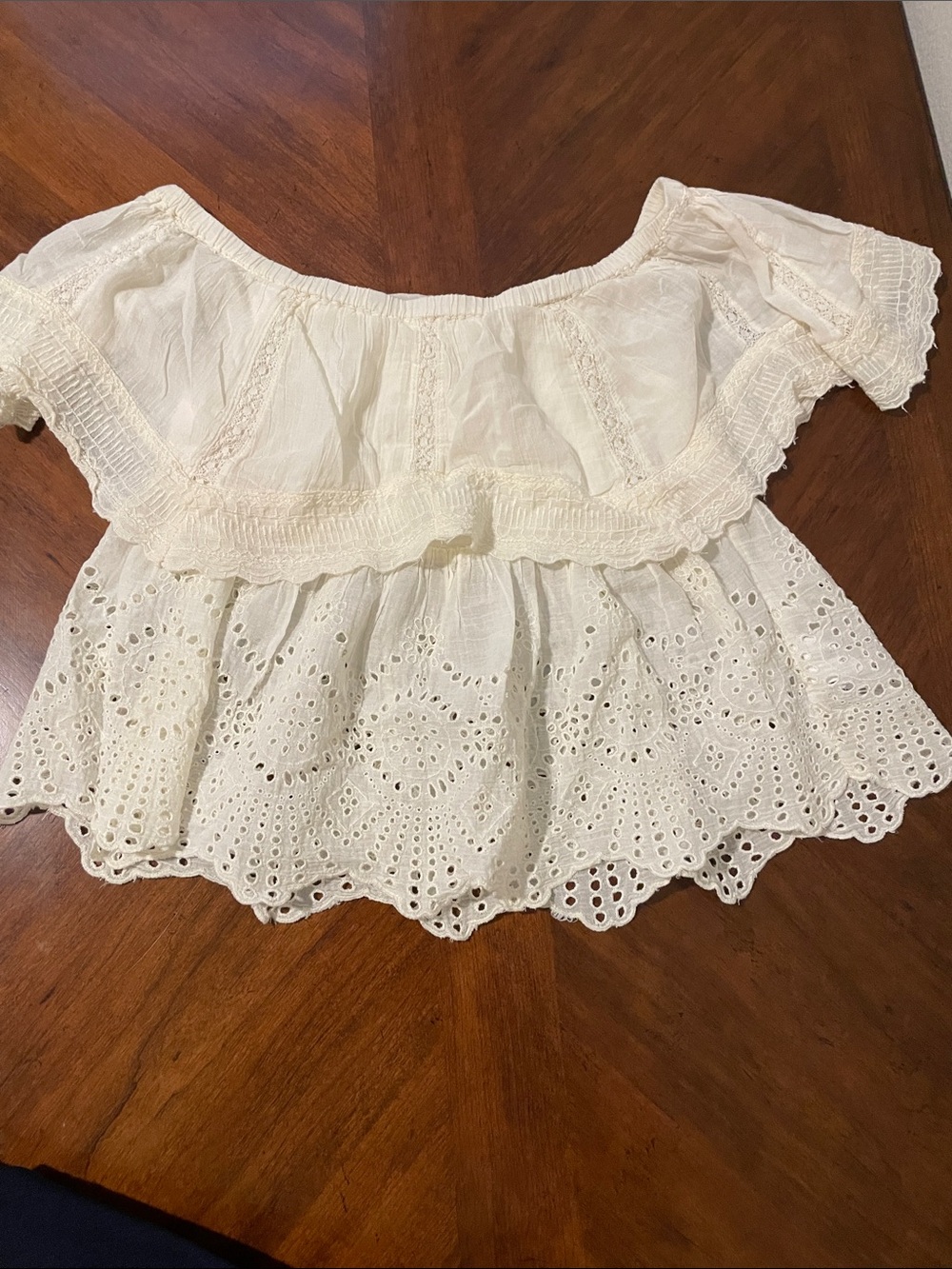 American Eagle Outfitters Ivory Off-Shoulder Eyelet Crop Top